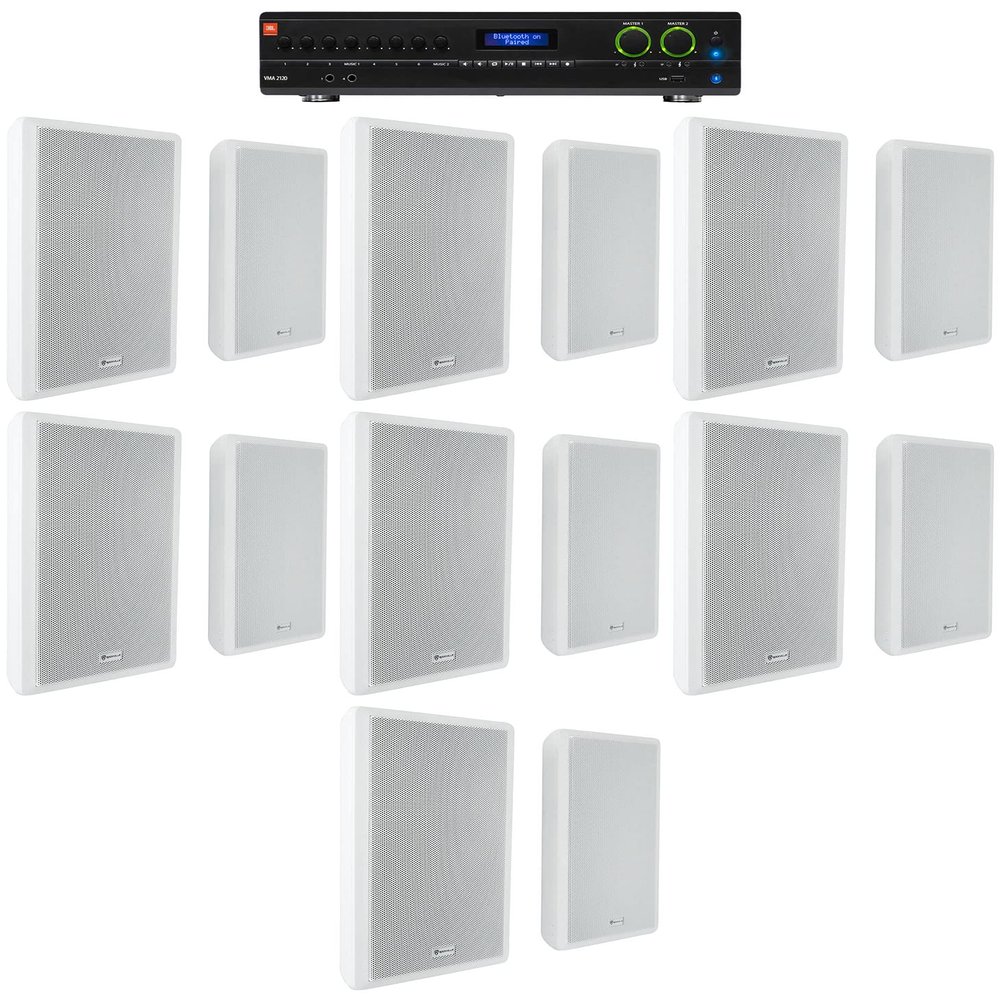Audiosavings Bundle: (1) JBI VMA2120 2-Ch. Commercial/Restaurant 120W 70V Bluetooth Amplifier, 8 Inputs Bundle with (7) Pair Rockville RockSlim 70W White 5.25" 70v Restaurant Wall Speakers (8 Items)