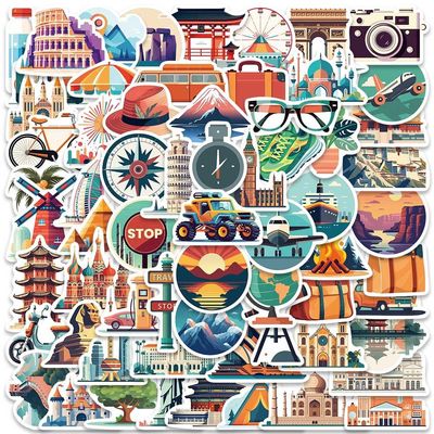 World Travel Stickers - 65Pcs Waterproof Vinyl Pack for Water Bottle, Laptop, Bicycle, Suitcase, Scrapbook, Journal, Cars, Famous City Scenery Decals