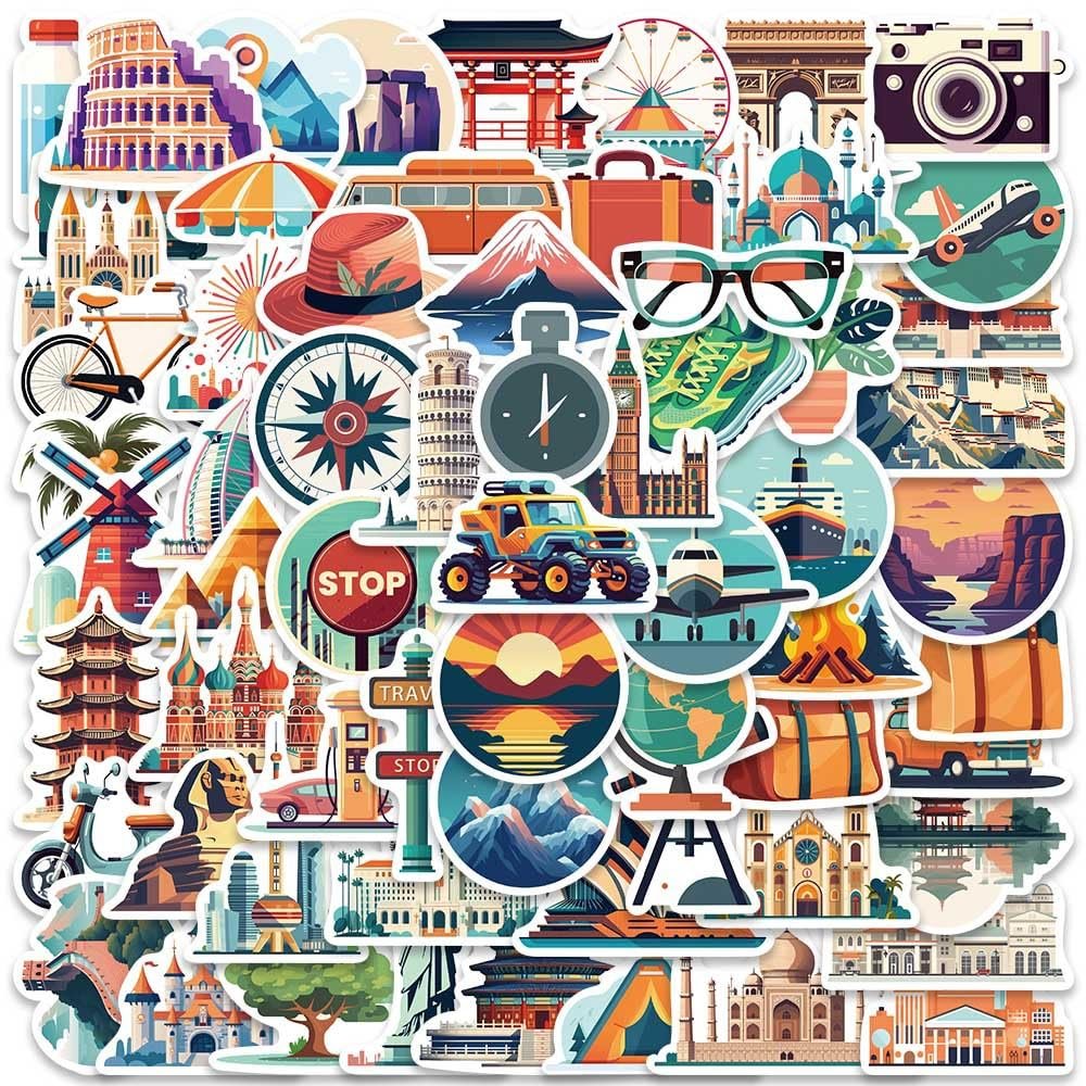 World Travel Stickers - 65Pcs Waterproof Vinyl Pack for Water Bottle, Laptop, Bicycle, Suitcase, Scrapbook, Journal, Cars, Famous City Scenery Decals