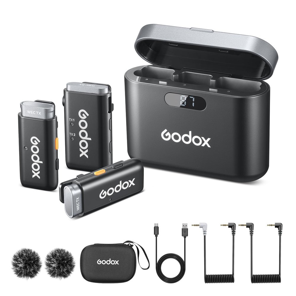 GODOX WEC KIT2 Wireless Microphone for DSLR Cameras/iPhone/Android, 2.4GHz Noise Cancellation Lavalier Mic, 656ft Transmission, 8H Battery Life Compact Wireless Lapel Microphone System