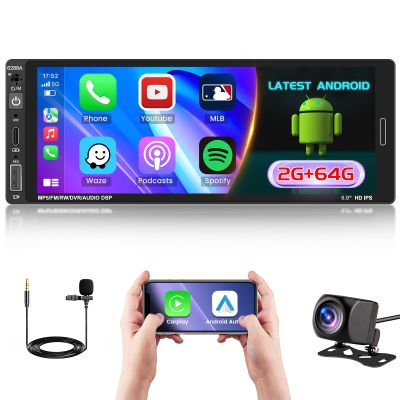 [2+64G] Hikity Android 15 Single Din Car Stereo, 6.9 Inch 2DIN Touchscreen Car Radio Wireless Carplay Android Auto Bluetooth, 5G WiFi GPS Mirror Link Backup Camera USB/Type-C Input, Mic