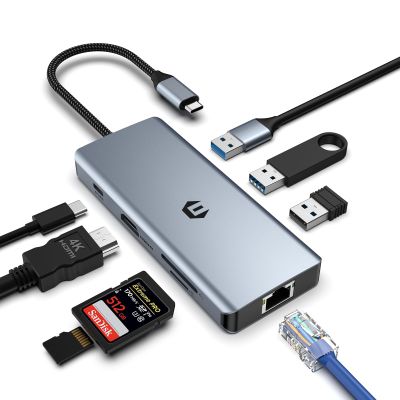 Tymyp USB C Hub, 8 in 1 USB C Adapter, Dual Screen 4K HDMI, USB C Dock Station for Mac Pro/Air(Network, USB 2.0, 5 Gbps USB 3.0,PD 100W,SD/TF Reader) for Dell, Surface, HP, Lenovo
