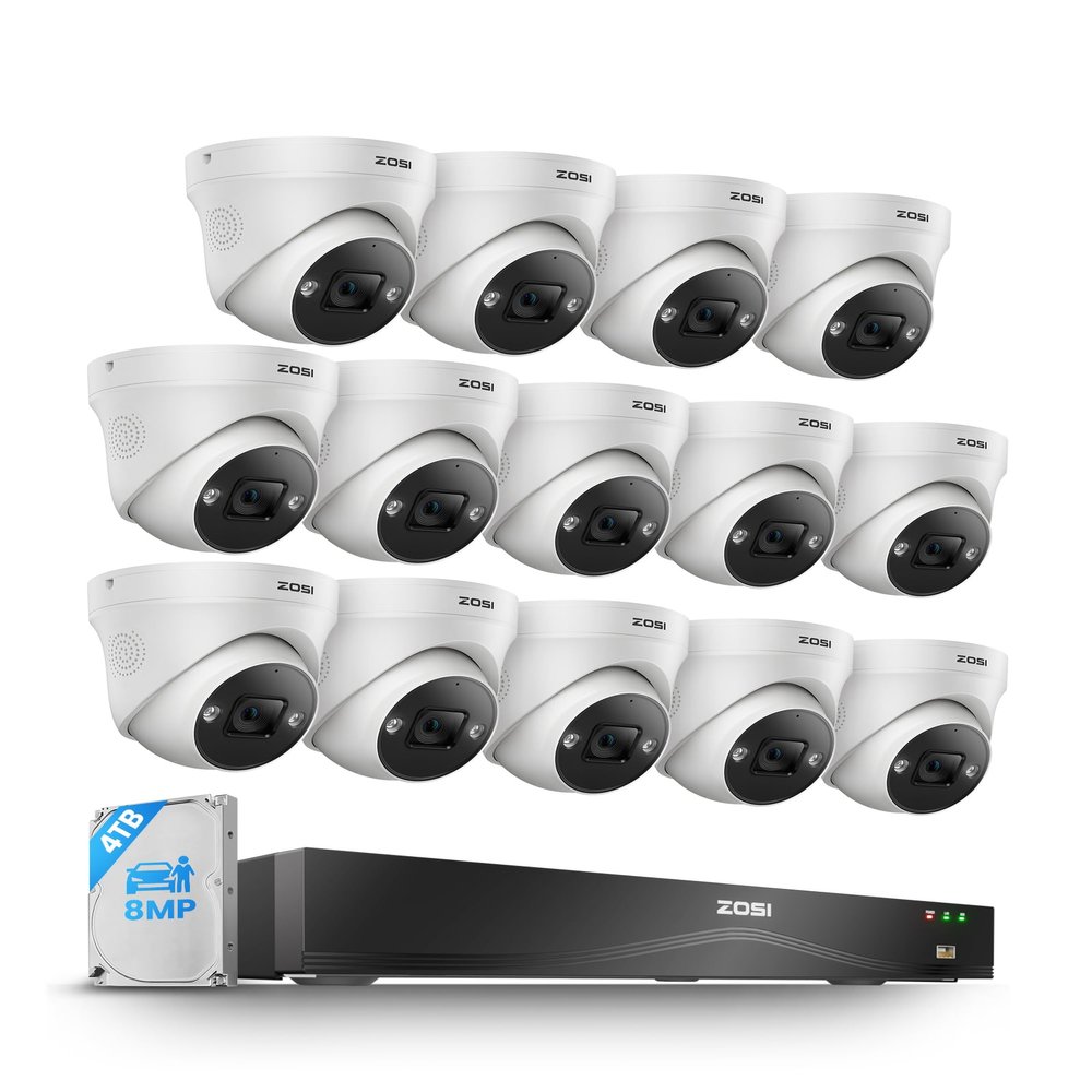 ZOSI 24CH 4K PoE Security Camera System,Face/Person/Vehicle Detection,2 Way Audio,Night Vision,14pcs 4K Indoor Outdoor PoE IP Cameras,16 Port 24CH 8MP Dual-Disk NVR with 4TB HDD for 24/7 Recording