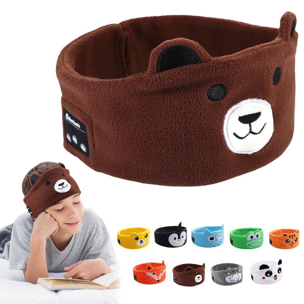 RBFSAH Kids Wireless Headphones, Over Ear Headphones for Children & Toddlers, with Thin Speakers & Super Soft Fleece Headband (Bear)