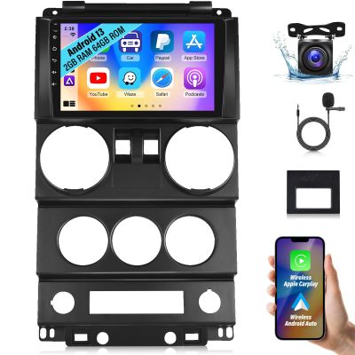 2+64G Android Car Stereo for Jeep Wrangler (2 Door) 2007 2008 2009 2010 - Wireless Carplay & Android Auto - 9 Inch Touchscreen Radio with EQ DSP, GPS, WiFi, FM/RDS + AHD Rear View Camera