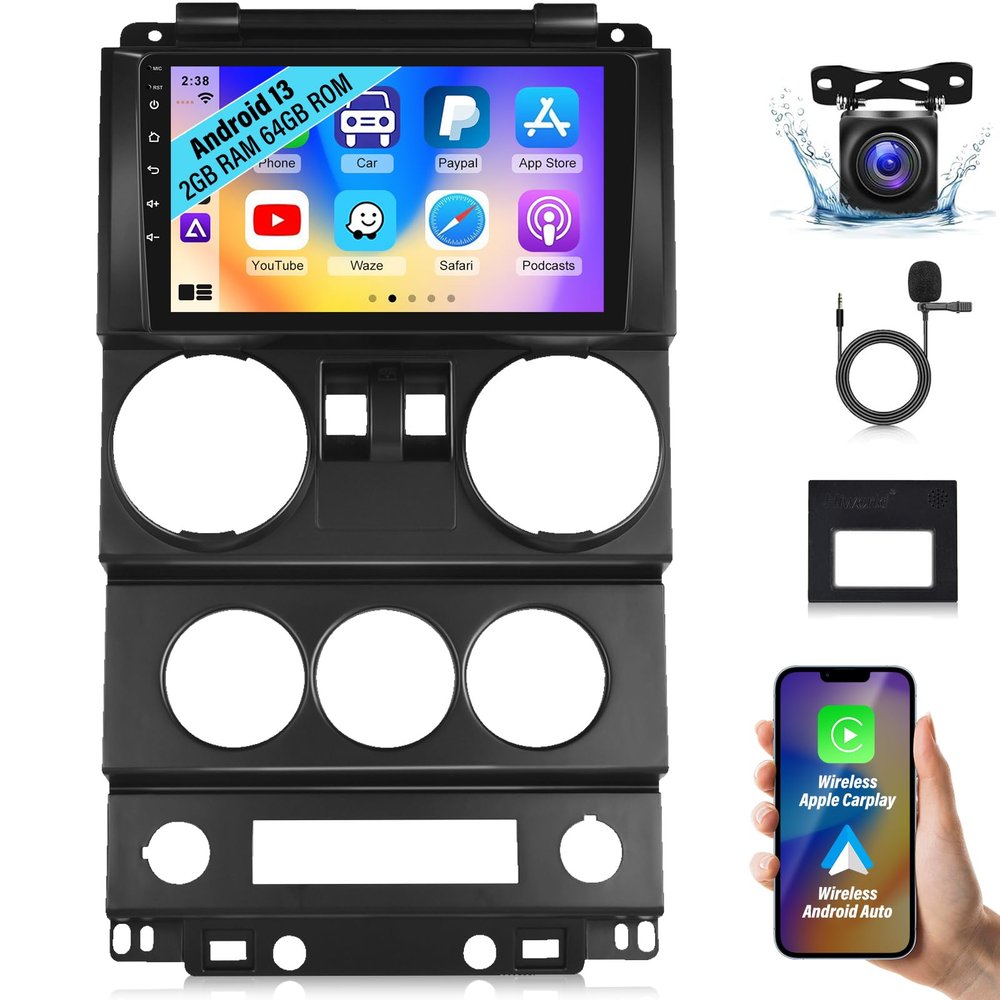2+64G Android Car Stereo for Jeep Wrangler (2 Door) 2007 2008 2009 2010 - Wireless Carplay & Android Auto - 9 Inch Touchscreen Radio with EQ DSP, GPS, WiFi, FM/RDS + AHD Rear View Camera