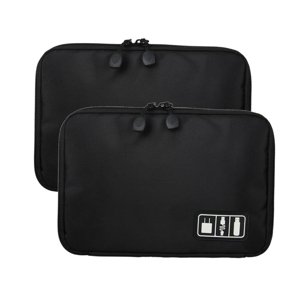 Uonlytech 2pcs Nylon Electronics Storage Bag Portable Travel Organizer for External Hard Drive Accessories Multi-functional Double-zipper Case for Home Outdoor Use Black