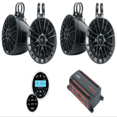 Audiosavings Bundle: JVC KS-DR2004D 4-Channel Marine Amplifier Bundle with (2) Rockville UT65B UTV/ATV Rollbar Marine Speakers/Swivel Mount/IPX6 + Rockville RGHR2 Marine Gauge Hole Receiver (4 Items)