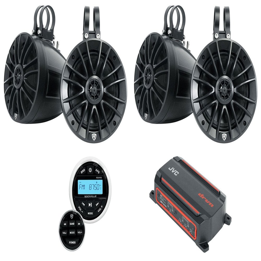 Audiosavings Bundle: JVC KS-DR2004D 4-Channel Marine Amplifier Bundle with (2) Rockville UT65B UTV/ATV Rollbar Marine Speakers/Swivel Mount/IPX6 + Rockville RGHR2 Marine Gauge Hole Receiver (4 Items)