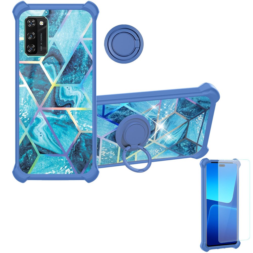 Aroepurt Case Compatible with Blackview A100 Phone Case Cover [with Tempered Glass Screen Protector][Hard PC + Soft Silicone][Ring Support] [Colorful Reflect Light] IMDL-LS