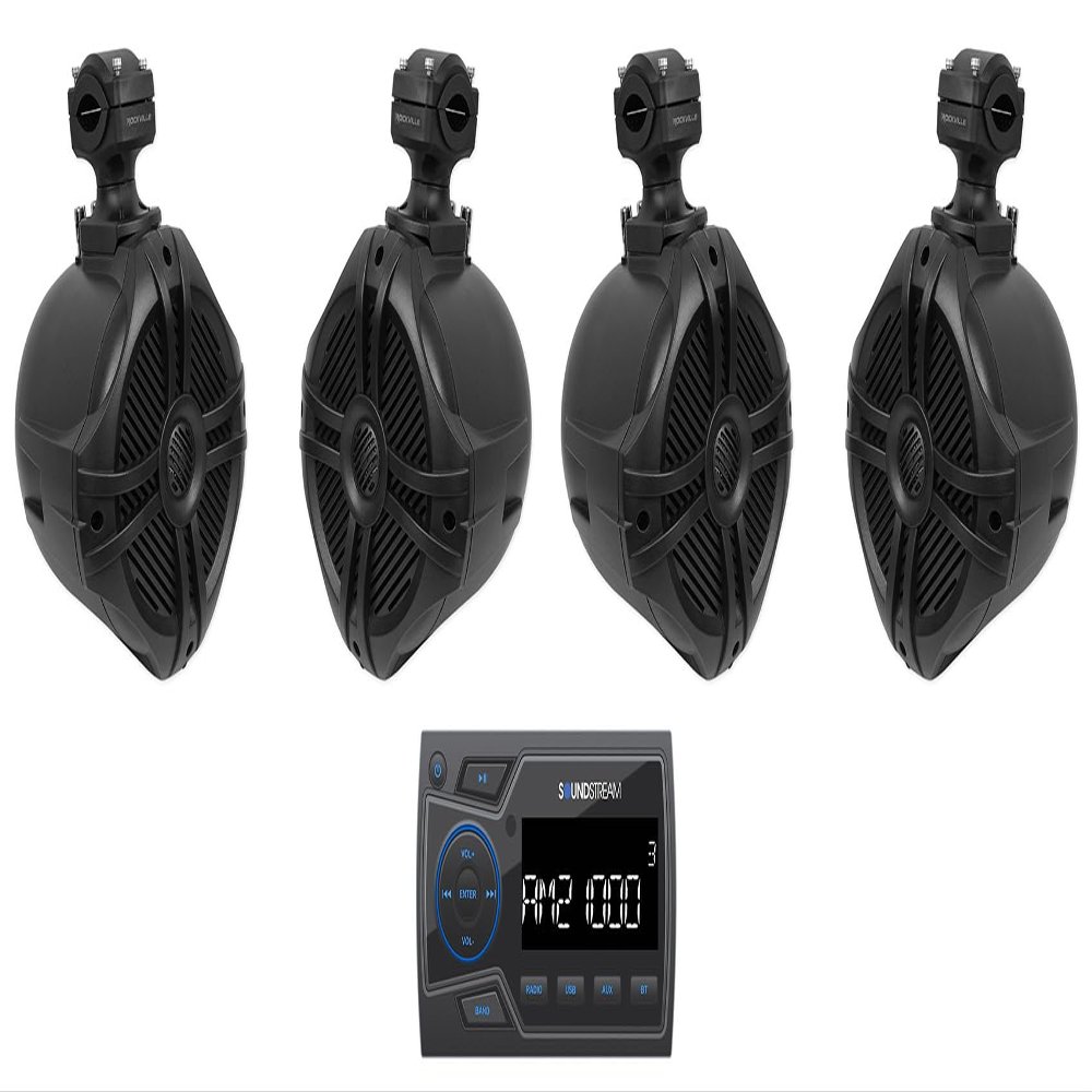 Audiosavings Bundle: Soundstream MHU-32 Marine ATV/UTV Digital Media Receiver Bluetooth Bundle with (2) Pair Rockville RWB70B Black 6.5" 250w Marine Wakeboard 360 Swivel Tower Speakers (3 Items)