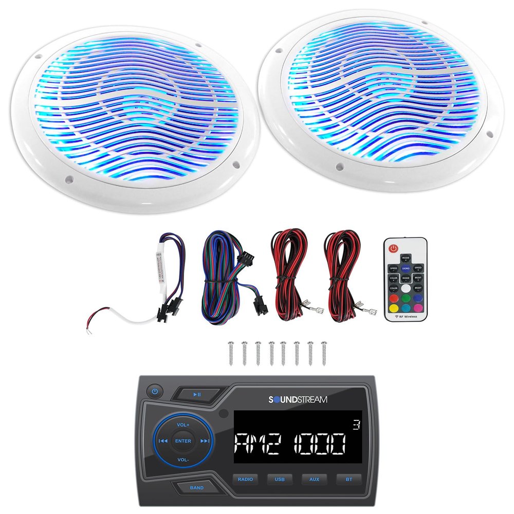 Audiosavings Bundle: Soundstream MHU-32 Marine ATV/UTV Digital Media Receiver Bluetooth/AUX Bundle with Rockville RMC65LW 6.5" 600w 2-Way White Marine Speakers w/Multi Color LED+Remote (2 Items)