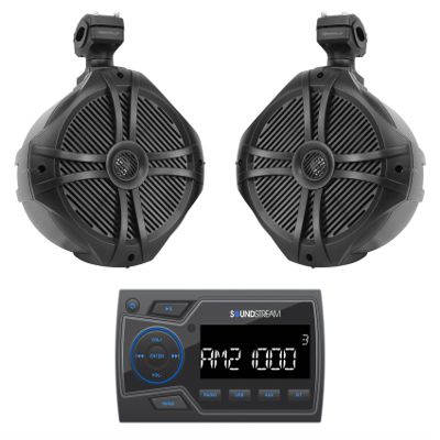 Audiosavings Bundle: Soundstream MHU-32 Marine ATV/UTV Digital Media Receiver Bluetooth/AUX/USB Bundle with Pair Rockville RWB90B 8" 300w Marine Wakeboard 360 Swivel Tower Speakers (2 Items)