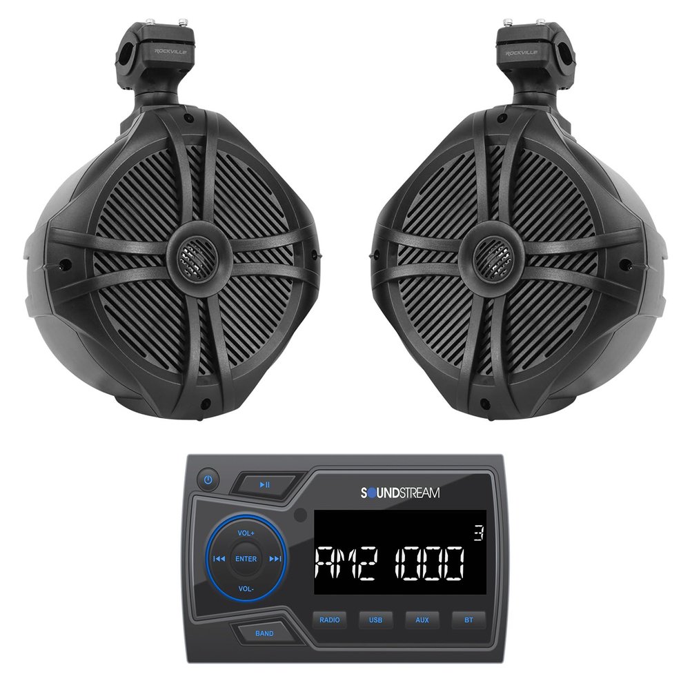 Audiosavings Bundle: Soundstream MHU-32 Marine ATV/UTV Digital Media Receiver Bluetooth/AUX/USB Bundle with Pair Rockville RWB90B 8" 300w Marine Wakeboard 360 Swivel Tower Speakers (2 Items)