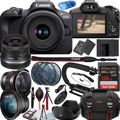 Canon EOS R100 Mirrorless Camera with 18-45mm Lense Video Kit + Filters + Case + 128GB Memory Card + U-Shape Camera Grip + Accessory Bundle (25PC) (Renewed)