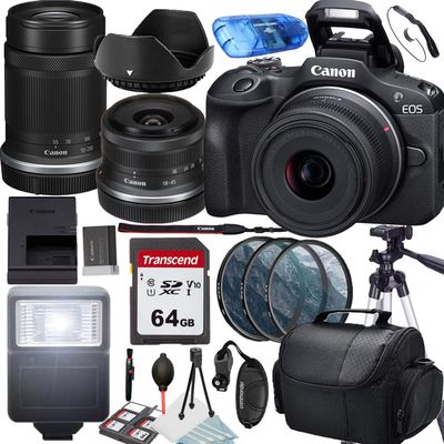Canon EOS R100 Mirrorless Camera with 18-45mm and 55-210mm Lenses Kit + Filters + Case + 64GB Memory Card + Tripod + Accessory Bundle (25PC) (Renewed)