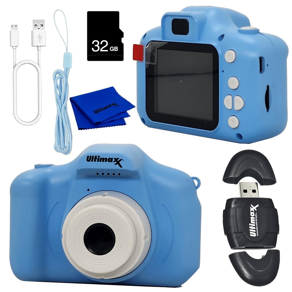 Ultimaxx Essential Kids Digital Camera Bundle (Blue) - Includes: 32GB microSD Card, High-Speed Memory Card Reader with Internal microSD Slot, Lanyard, Microfiber Cloth & More (6pc Bundle)