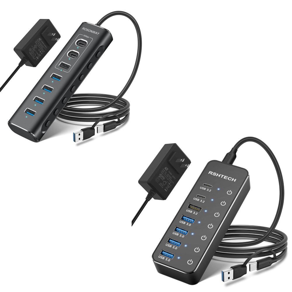 7-Port Hybrid Powered USB C Hub with 12V Adapter + 7-Port Hybrid Powered USB C Hub with 5V Adapter