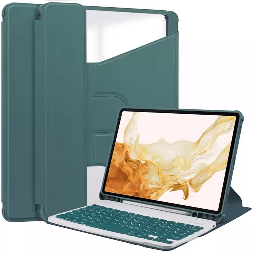 360 Rotating Keyboard Case for Samsung Galaxy Tab S9 FE 10.9 inch, Vertical Stand Magnetic Detachable Keyboard Slim Folio Smart Cover with KeyboardDark Green