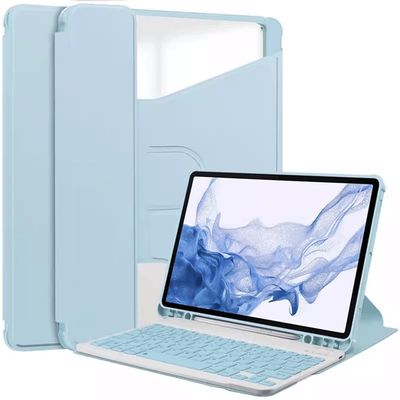 360 Rotating Keyboard Case for Samsung Galaxy Tab S9 FE+ 12.4 inch, Vertical Stand Magnetic Detachable Keyboard Slim Folio Smart Cover with KeyboardLight Blue