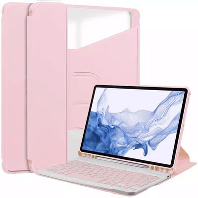 360 Rotating Keyboard Case for Samsung Galaxy Tab S9 FE+ 12.4 inch, Vertical Stand Magnetic Detachable Keyboard Slim Folio Smart Cover with KeyboardPink