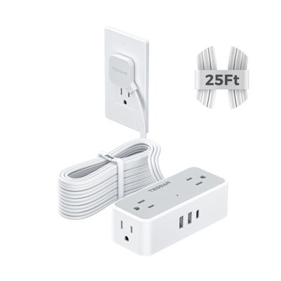 Flat Plug Extension Cord 25 ft, TESSAN Surge Protector Power Strip with 4 AC Outlets 1 USB C and 2 USB A Ports, 900 Joules Protection, Multiple Wall Outlet Extender for Home Office Dorm Essentials