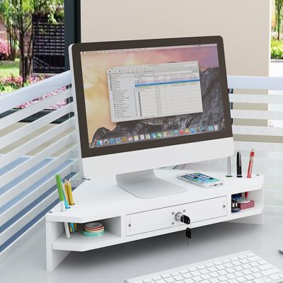 YANBI Triangle Computer Monitor Riser with Drawer/Pen Holder, Wooden Corner Monitor Stand, 2 Tier, Open Desktop Shelf Rack for Home Office (White)