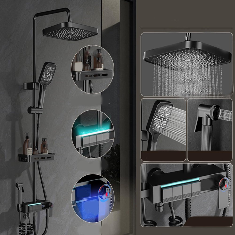Bathroom shower set, multifunctional shower set, pressurized shower set, with intelligent constant temperature, led digital display, four-speed faucet, booster spray gun, suitable for bathroom, hotel