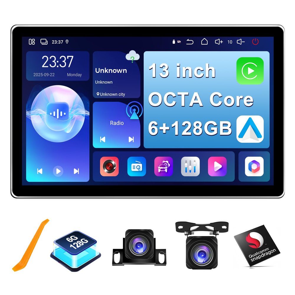 6+128GB 13 inch Double Din Touch Screen Android Car Stereo with Front and Rear Camera Octa Core Qualcomm Android 15 QLED Bluetooth GPS Radio DSP AM FM RDS SWC WiFi MIC