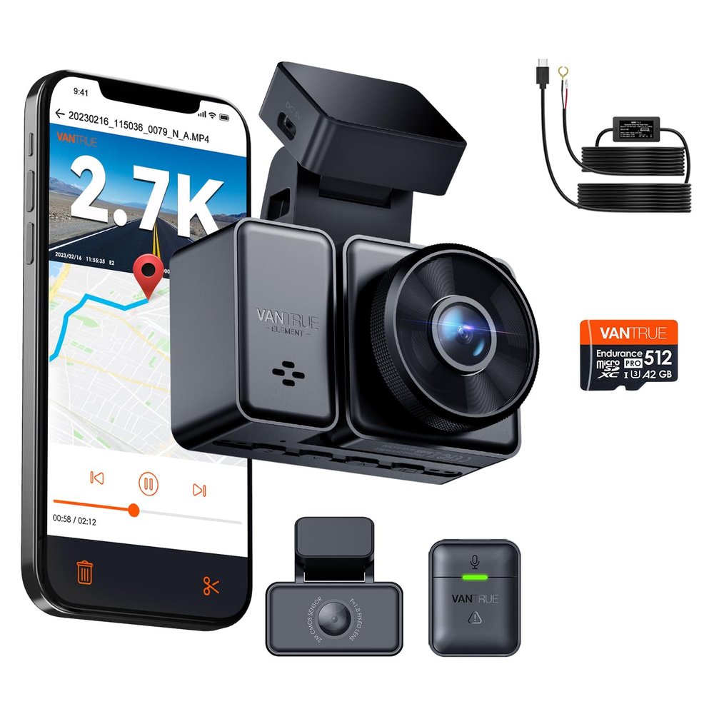 [ Bundle 3 Items: Vantrue E2 2.7K Dash Cam + Vantrue 512GB SD Card + Hardwire Kit ] 2.7K + 2.7K Dash Cam Front and Rear, Buffered Parking Mode, GPS, Voice Control