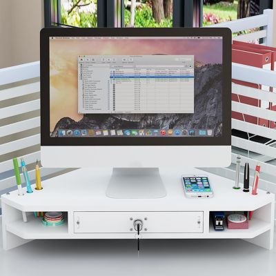 YANBI Corner Monitor Stand Triangle Monitor Stand Riser for Desktop, 2 Tier Wood Corner Pc Stand with Drawer & Pen Holder, Space Saving Corner Organizer Storage Rack (Color : White)