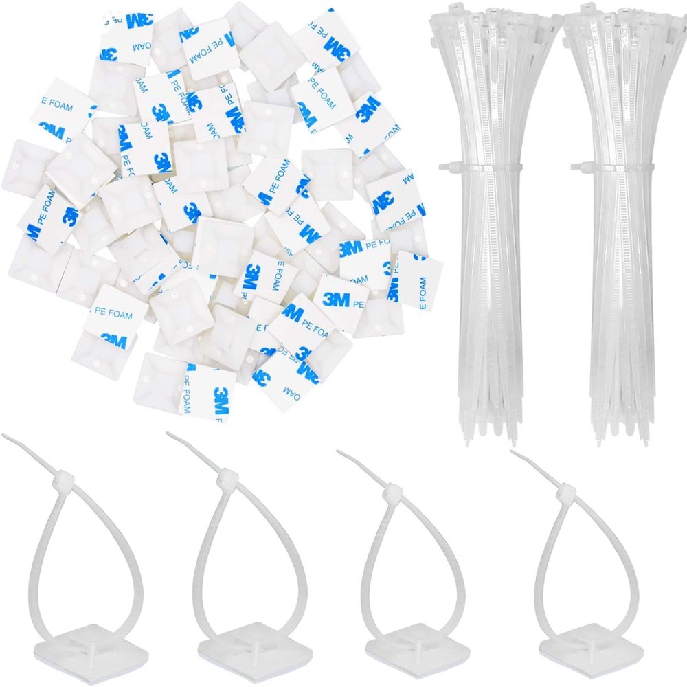 30 Pack 2 inch Zip Tie Adhesive Mounts Self Adhesive Cable Tie Base Holders with Multi-Purpose Tie wire clips with screw hole,Anchor stick on wire holder with 8 inch zip tiesWhite