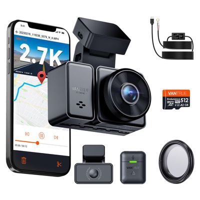 [ Bundle-4 Items: Vantrue E2 2.7K Dash Cam + 512GB SD Card + Hardwire Kit+CPL ] 2.7K + 2.7K Dash Cam Front and Rear, Buffered Parking Mode, GPS, Voice Control