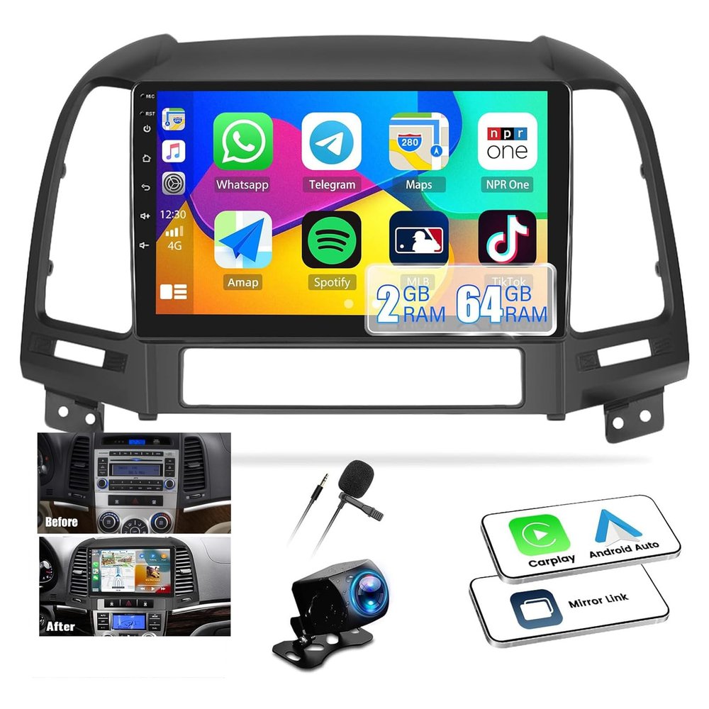 2G+64G Android 13 Car Stereo for Hyundai Santa Fe Radio 2006-2012 Wireless CarPlay Android Auto GPS Navigation 9 HD Touchscreen Bluetooth SWC FM/WiFi/Mirror Link+Backup Camera