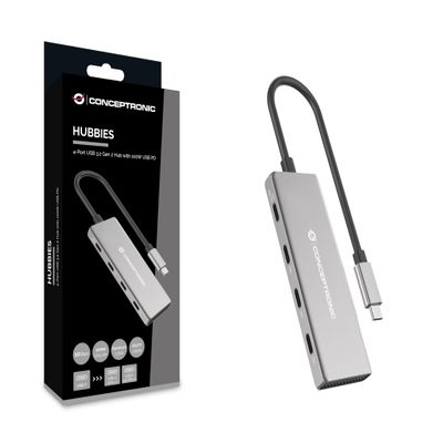 CONCEPTRONIC HUBBIES16G 4-Port USB 3.2 Gen 2 Hub, 10 Gbps, USB-C x 4, 100 W USB PD, Aluminium Case