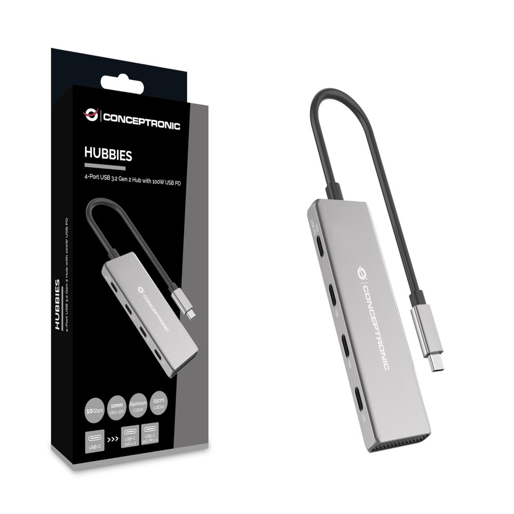 CONCEPTRONIC HUBBIES16G 4-Port USB 3.2 Gen 2 Hub, 10 Gbps, USB-C x 4, 100 W USB PD, Aluminium Case