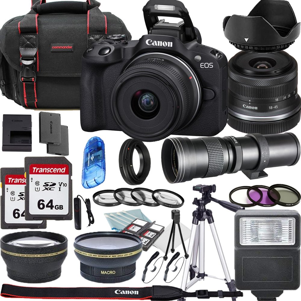 Canon EOS R50 Mirrorless Camera with 18-45mm and 420-800mm f/8.3 HD Telephoto Zoom Lenses + Lens Filters + CASE + Accessory Bundle (Renewed)