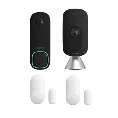 ecobee Home Security Bundle with Smart Doorbell Camera (Wired), SmartSensor for Doors and Windows, and SmartCamera with Voice Control.