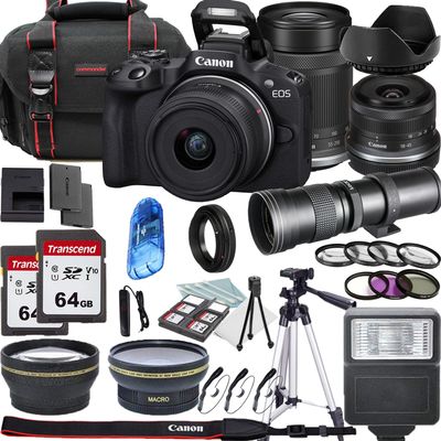 Canon EOS R50 Mirrorless Camera with 18-45mm, 55-210mm Zoom, and 420-800mm f/8.3 HD Telephoto Zoom Lenses + Lens Filters + CASE + Accessory Bundle (Renewed)