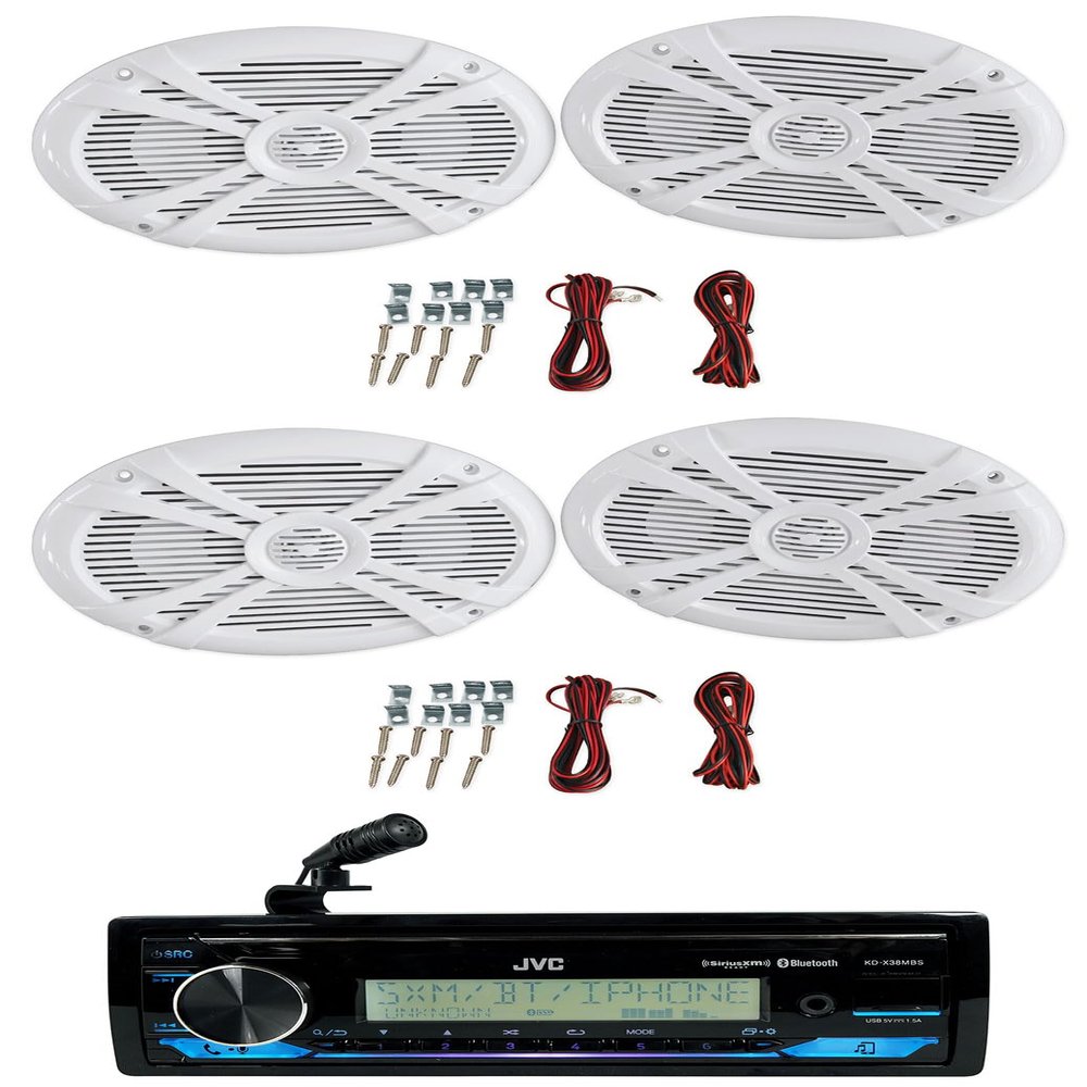 Audiosavings Bundle: JVC KD-X38MBS 1-Din Car/Marine/UTV/Motorcycle Stereo Receiver w/Bluetooth/USB Bundle with (2) Pair Rockville RMSTS69W 6x9 1000w Waterproof Marine Speakers 2-Way (3 Items)