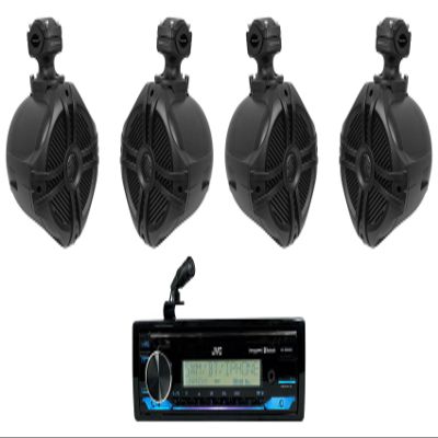 Audiosavings Bundle: JVC KD-X38MBS 1-Din Car/Marine/UTV/Motorcycle Stereo Receiver w/Bluetooth/USB Bundle with (2) Pair Rockville RWB70B 6.5" 250w Marine Wakeboard 360 Swivel Tower Speakers (3 Items)