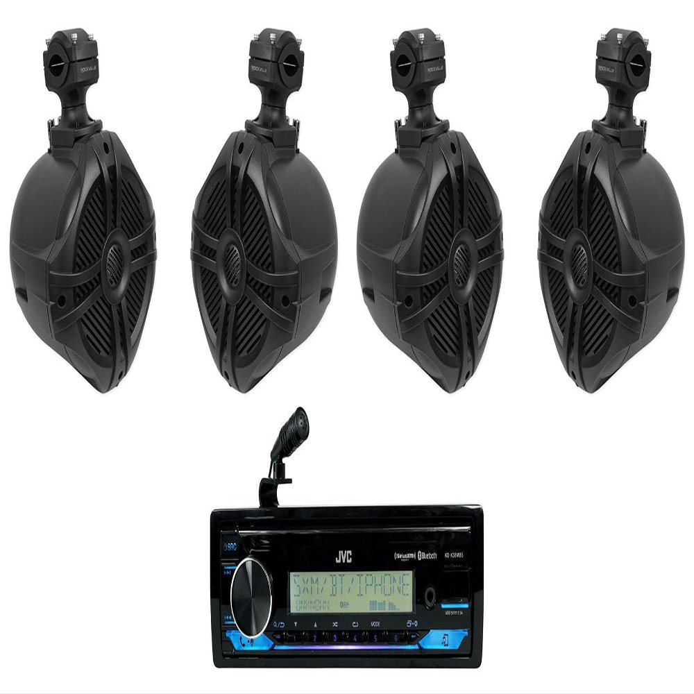 Audiosavings Bundle: JVC KD-X38MBS 1-Din Car/Marine/UTV/Motorcycle Stereo Receiver w/Bluetooth/USB Bundle with (2) Pair Rockville RWB70B 6.5" 250w Marine Wakeboard 360 Swivel Tower Speakers (3 Items)