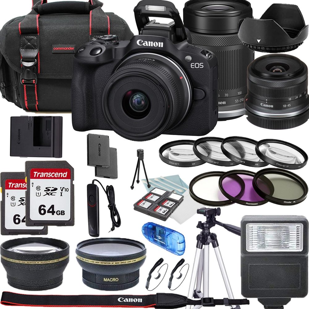 Canon EOS R50 Mirrorless Camera with 18-45mm and 55-210mm Lenses + Lens Filters + CASE + Accessory Bundle (Renewed)