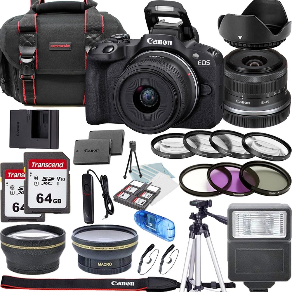 Canon EOS R50 Mirrorless Camera with 18-45mm Lens + Lens Filters + CASE + Accessory Bundle (Renewed)