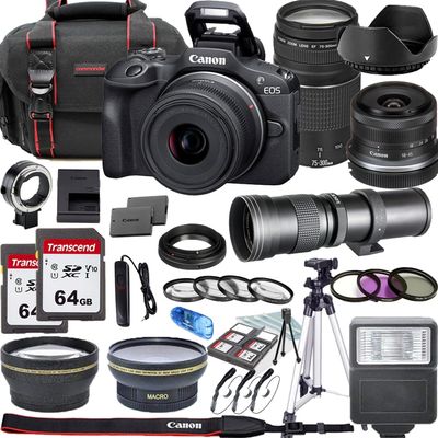 Canon EOS R100 Mirrorless Camera with 18-45mm, 75-300mm and 420-800mm f/8.3 HD Telephoto Zoom + Lens Filters + CASE + Accessory Bundle (Renewed)