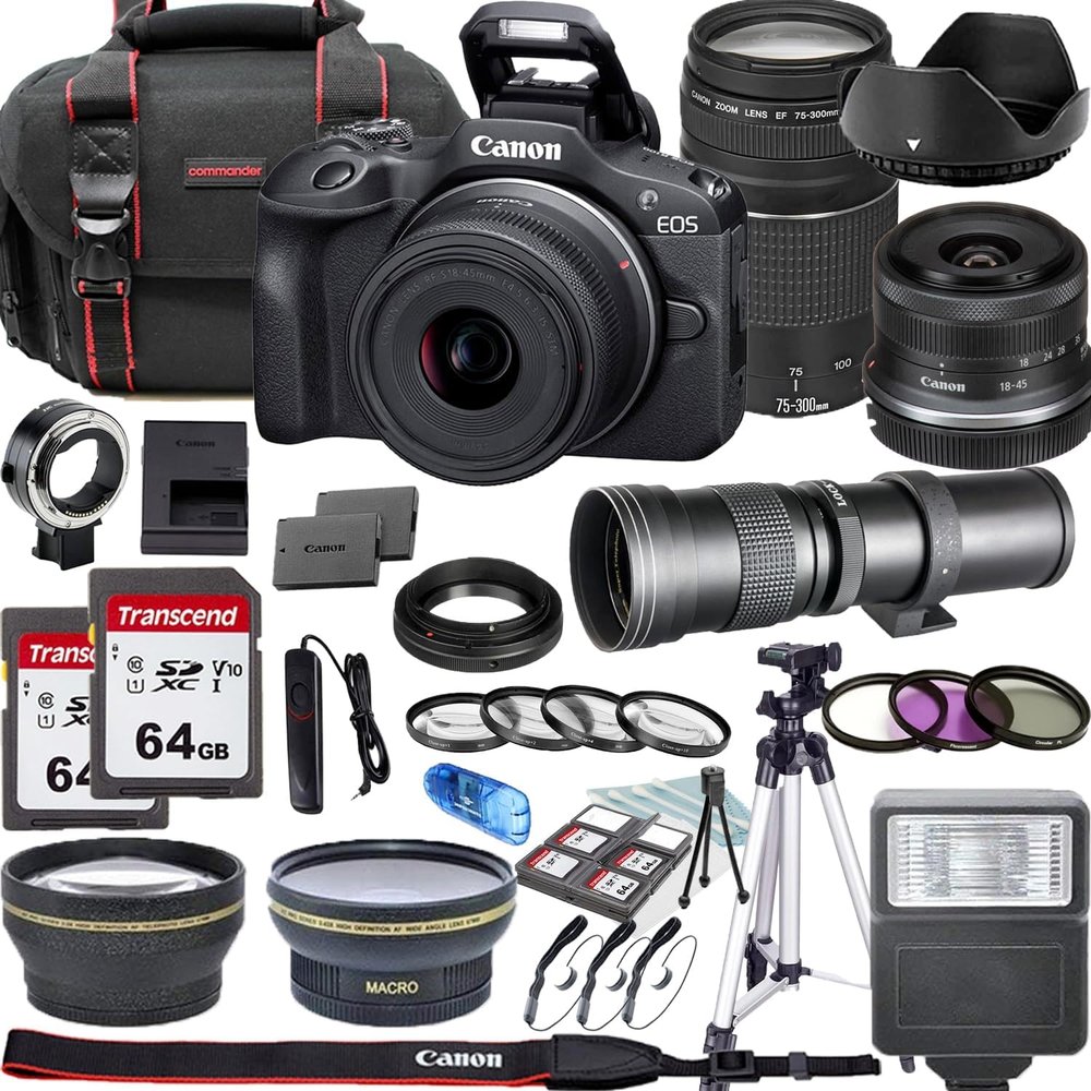 Canon EOS R100 Mirrorless Camera with 18-45mm, 75-300mm and 420-800mm f/8.3 HD Telephoto Zoom + Lens Filters + CASE + Accessory Bundle (Renewed)
