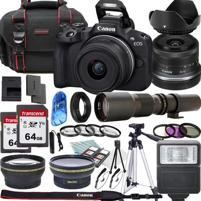 Canon EOS R100 Mirrorless Camera with 18-45mm and 500mm Preset Lenses + Lens Filters + CASE + Accessory Bundle (Renewed)