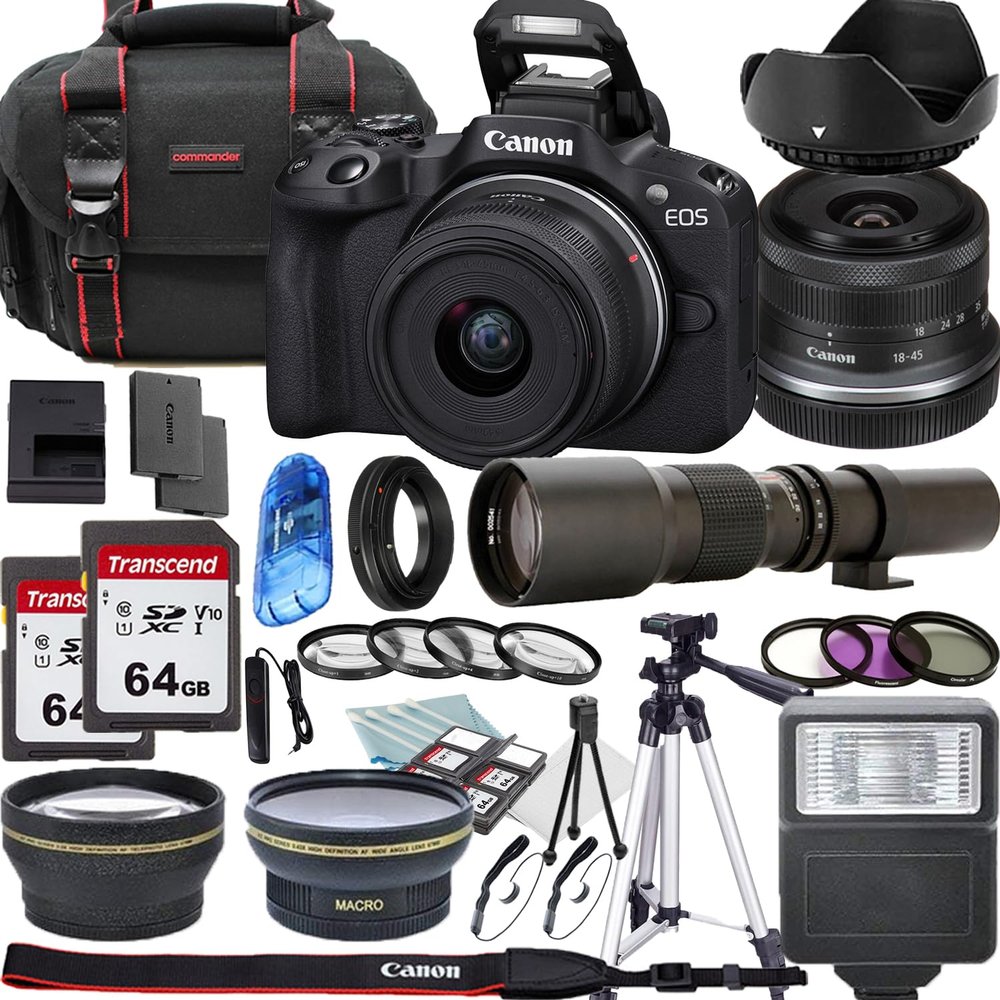 Canon EOS R100 Mirrorless Camera with 18-45mm and 500mm Preset Lenses + Lens Filters + CASE + Accessory Bundle (Renewed)