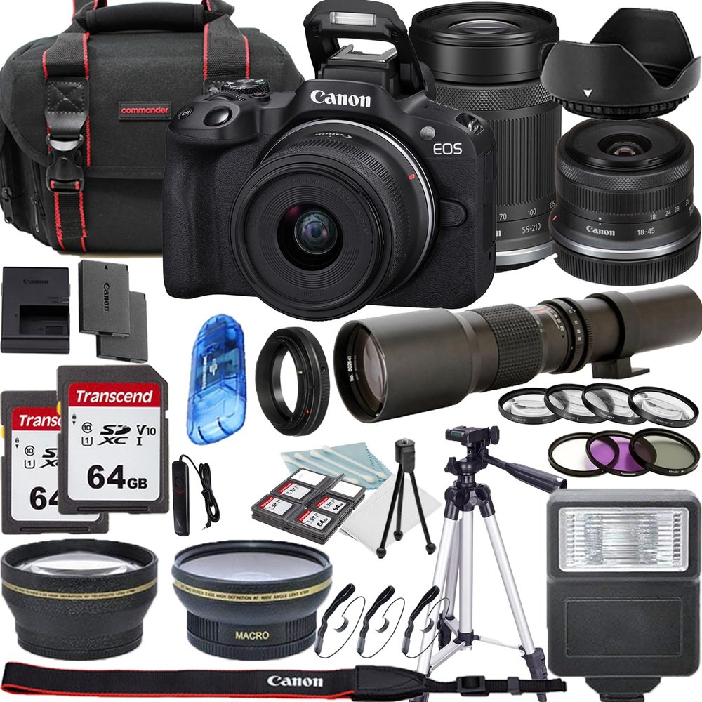 Canon EOS R50 Mirrorless Camera with 18-45mm, 55-210mm Zoom, and 500mm Preset Lenses + Lens Filters + CASE + Accessory Bundle (Renewed)