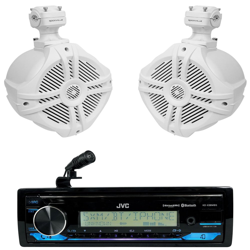 Audiosavings Bundle: JVC KD-X38MBS 1-Din Car/Marine/UTV/Motorcycle Stereo Receiver w/Bluetooth/USB Bundle with Pair Rockville RWB70W 6.5" 250w Marine Wakeboard 360 Swivel Tower Speakers (2 Items)